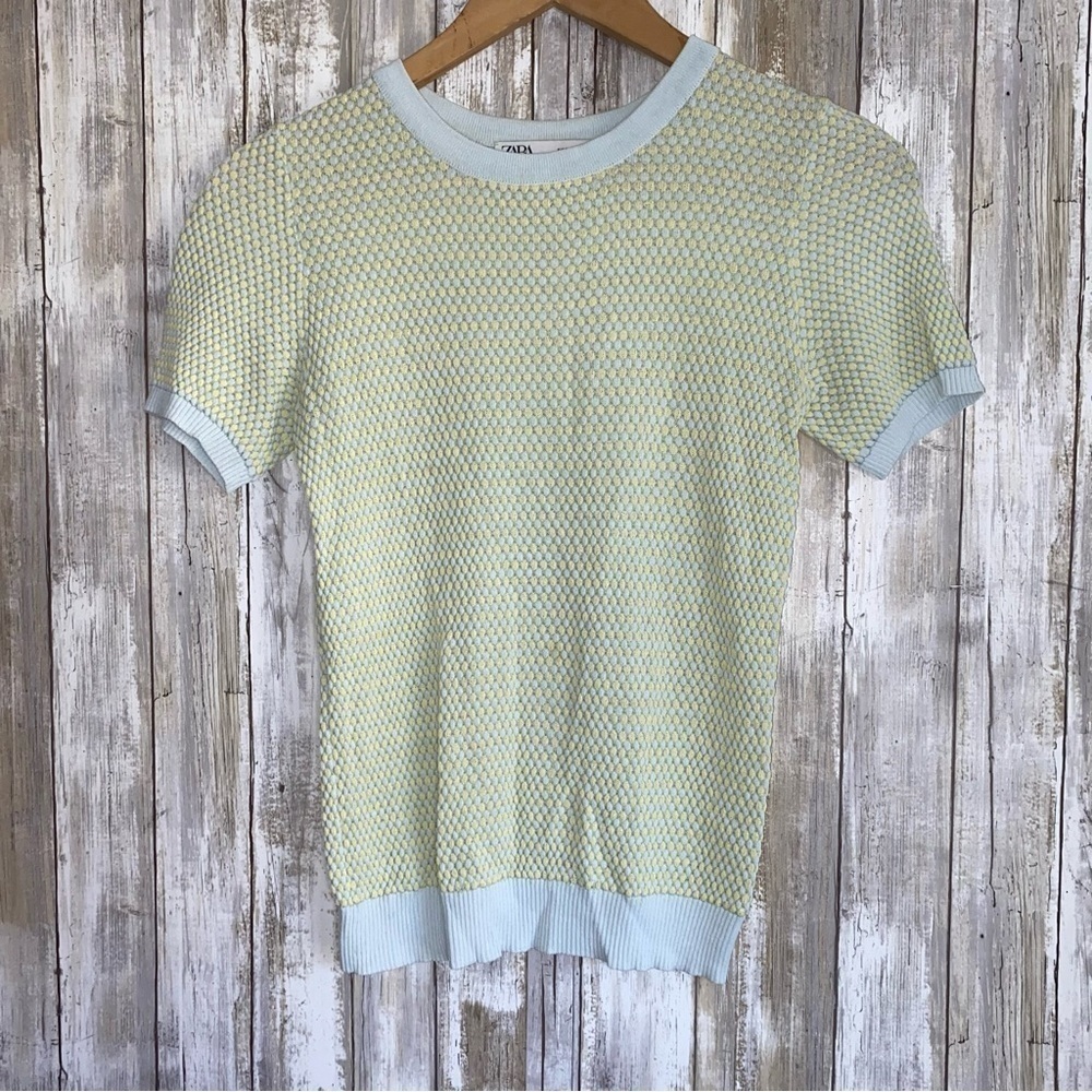 Zara Textured Knit Tee Yellow Blue Short Sleeve Sweater Top Lightweight S - Picture 1 of 4